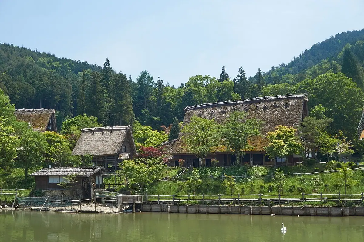 Thatched houses at Hida Folk Village, seen across a pond