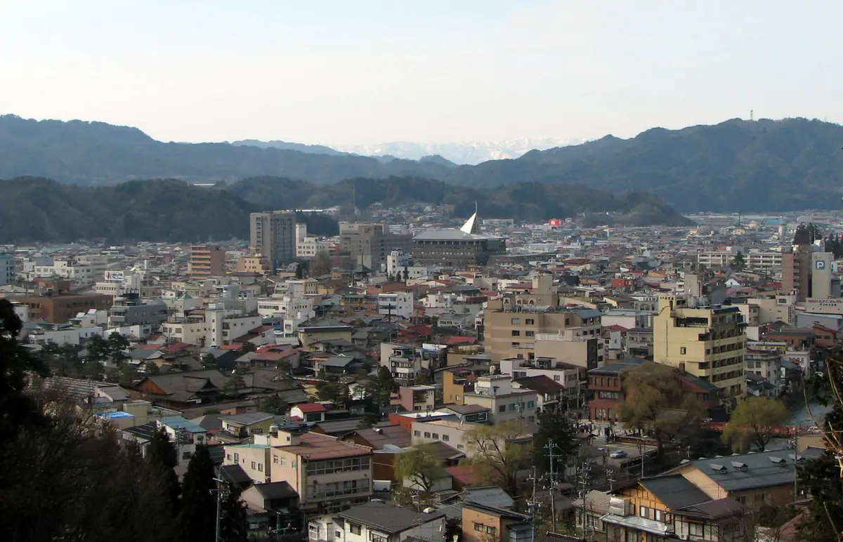 Takayama and the surrounding mountains seen from the Shiroyama Park side of town