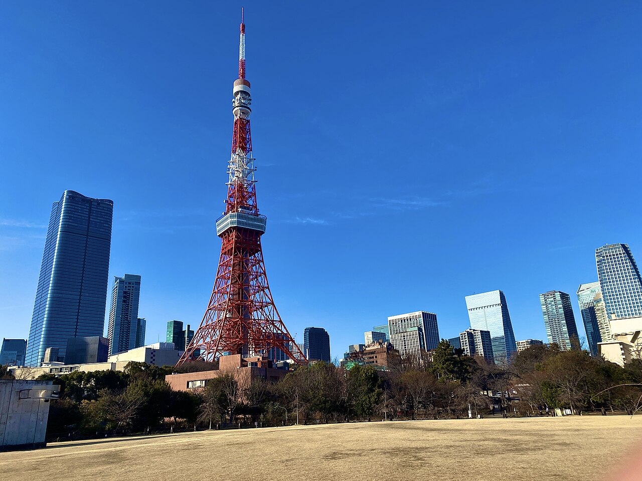 Tokyo Tower beyond the lawns of Shiba Park under a blue sky